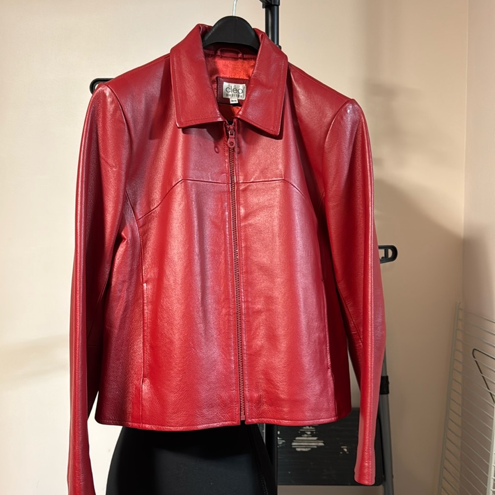 Med Cleo Petite Red Leather Moto style Jacket
